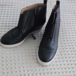 Linea Pelle Black Perforated Leather Slip-On Ankle Booties with White Sole